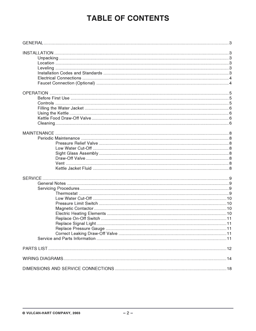 Vulcan-Hart ES25 ML-52642 manual Table of Contents 