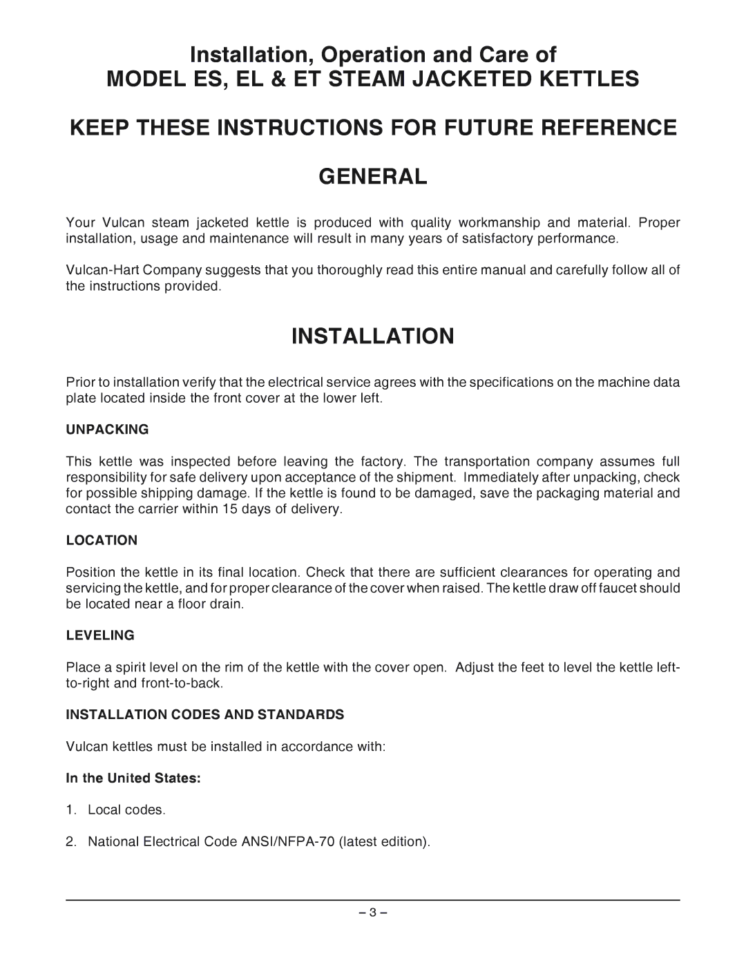 Vulcan-Hart ES25 ML-52642 manual Unpacking, Location, Leveling, Installation Codes and Standards 