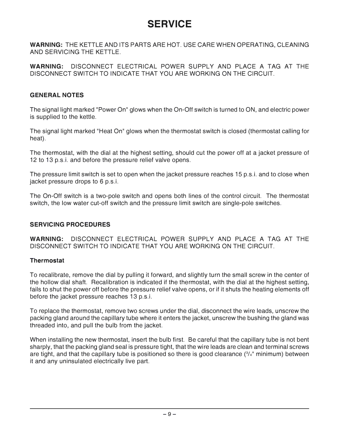 Vulcan-Hart ES25 ML-52642 manual Service, General Notes, Servicing Procedures, Thermostat 