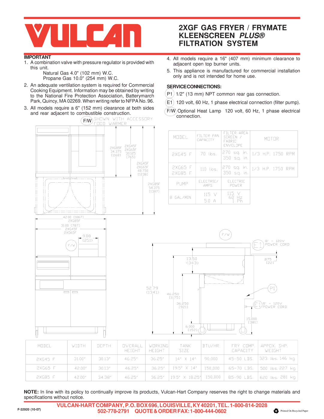 Vulcan-Hart 2XGFGAS, F-32920, 2XG85F, 2XG65F warranty Serviceconnections 