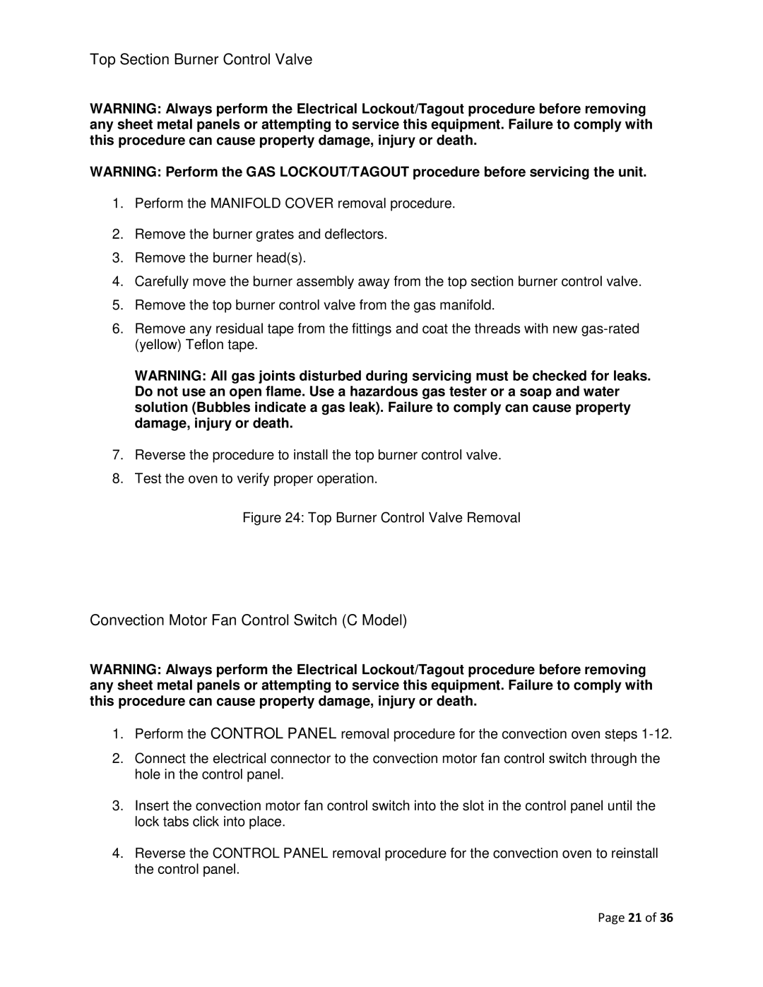 Vulcan-Hart F-37418 service manual Top Section Burner Control Valve, Convection Motor Fan Control Switch C Model 