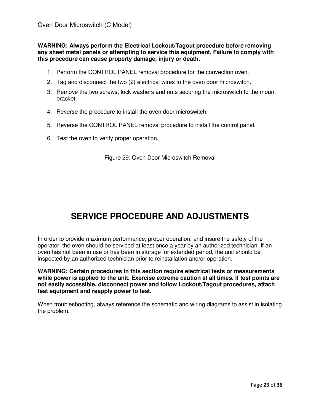 Vulcan-Hart F-37418 service manual Service Procedure and Adjustments, Oven Door Microswitch C Model 