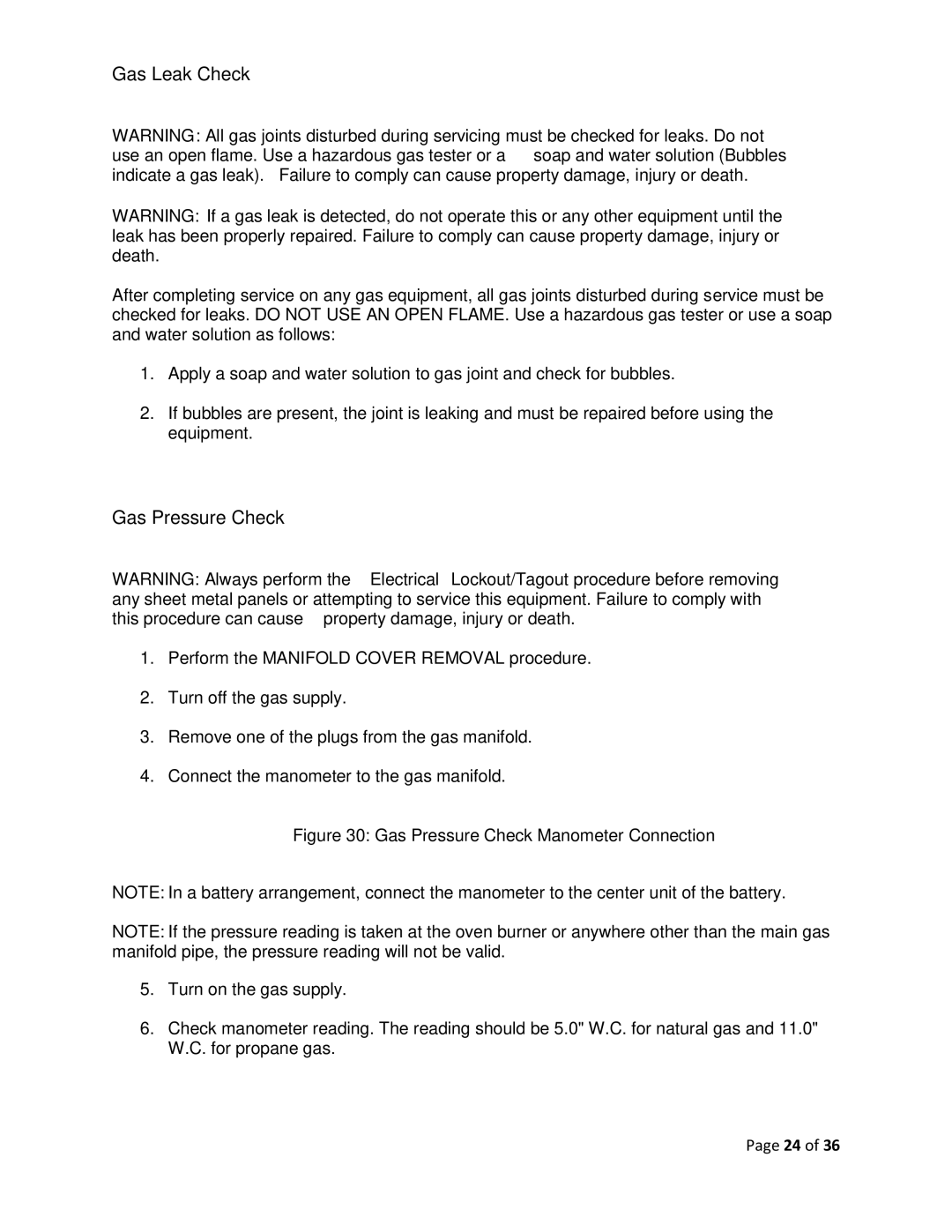 Vulcan-Hart F-37418 service manual Gas Leak Check, Gas Pressure Check 