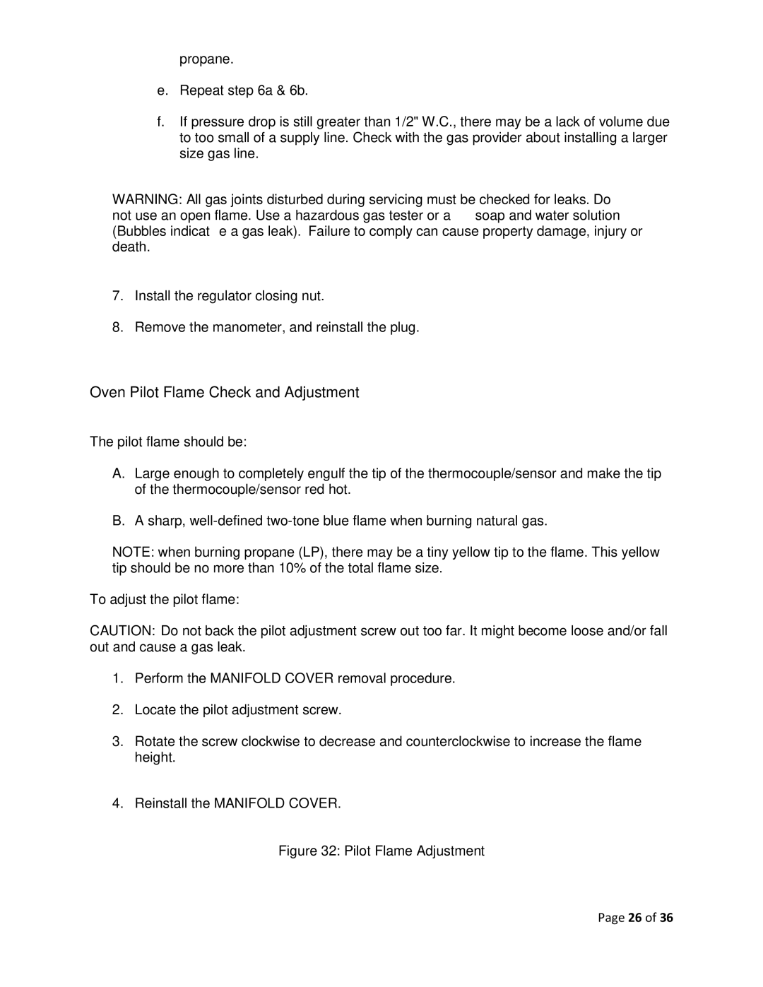 Vulcan-Hart F-37418 service manual Oven Pilot Flame Check and Adjustment, Pilot Flame Adjustment 