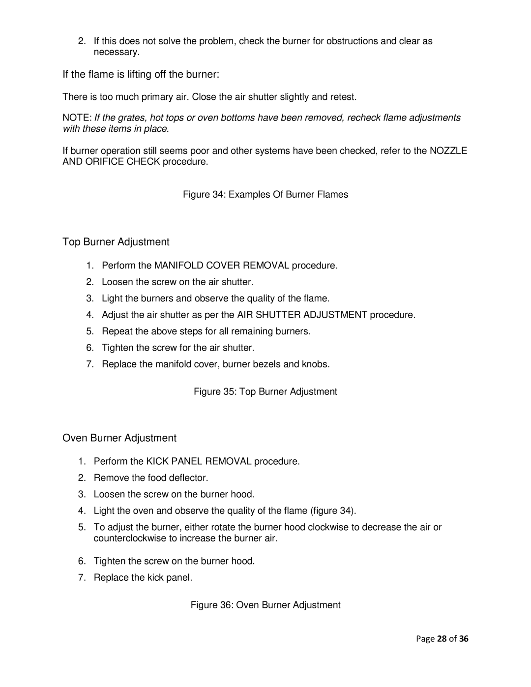 Vulcan-Hart F-37418 service manual If the flame is lifting off the burner, Top Burner Adjustment, Oven Burner Adjustment 