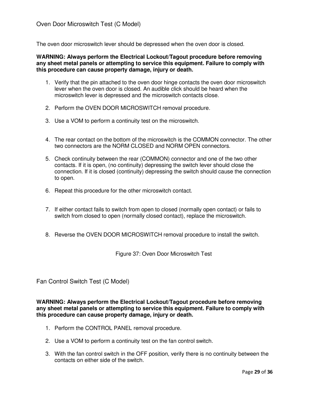 Vulcan-Hart F-37418 service manual Oven Door Microswitch Test C Model, Fan Control Switch Test C Model 