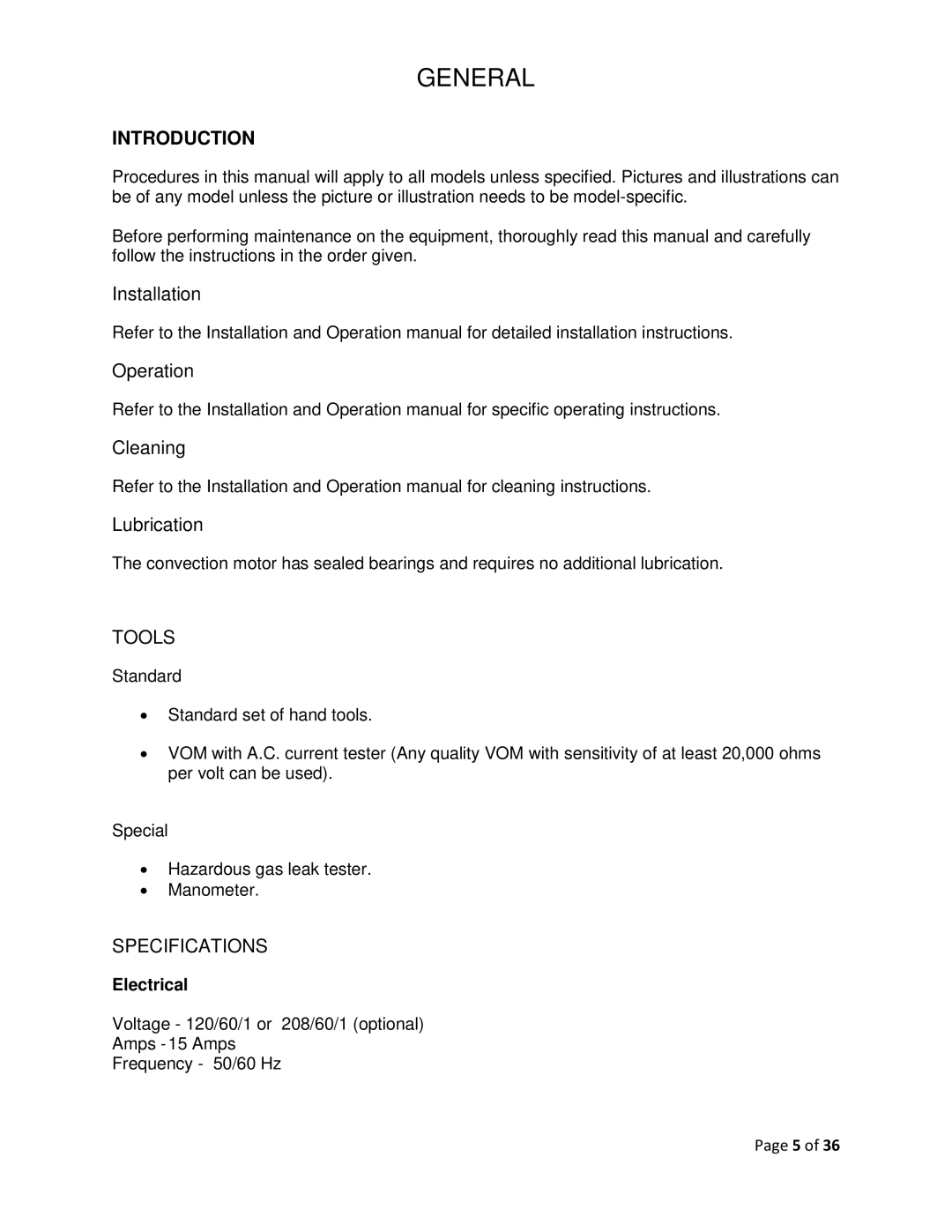 Vulcan-Hart F-37418 service manual General, Installation Operation Cleaning Lubrication 