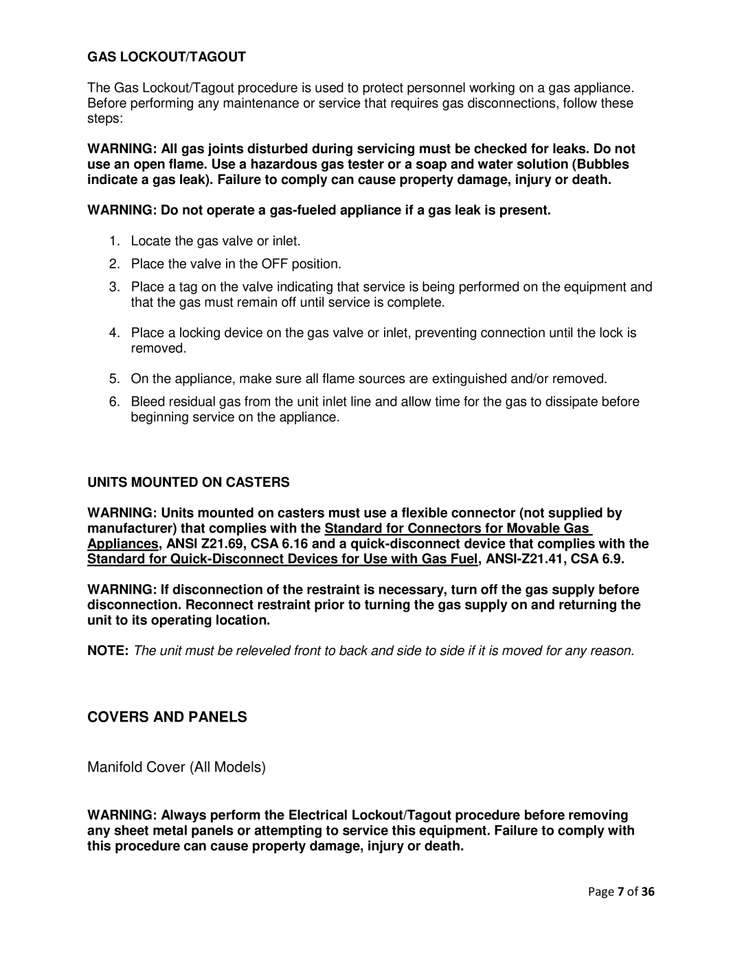 Vulcan-Hart F-37418 service manual Manifold Cover All Models, Gas Lockout/Tagout 