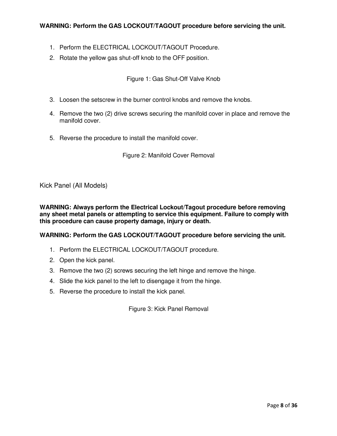 Vulcan-Hart F-37418 service manual Kick Panel All Models, Manifold Cover Removal 