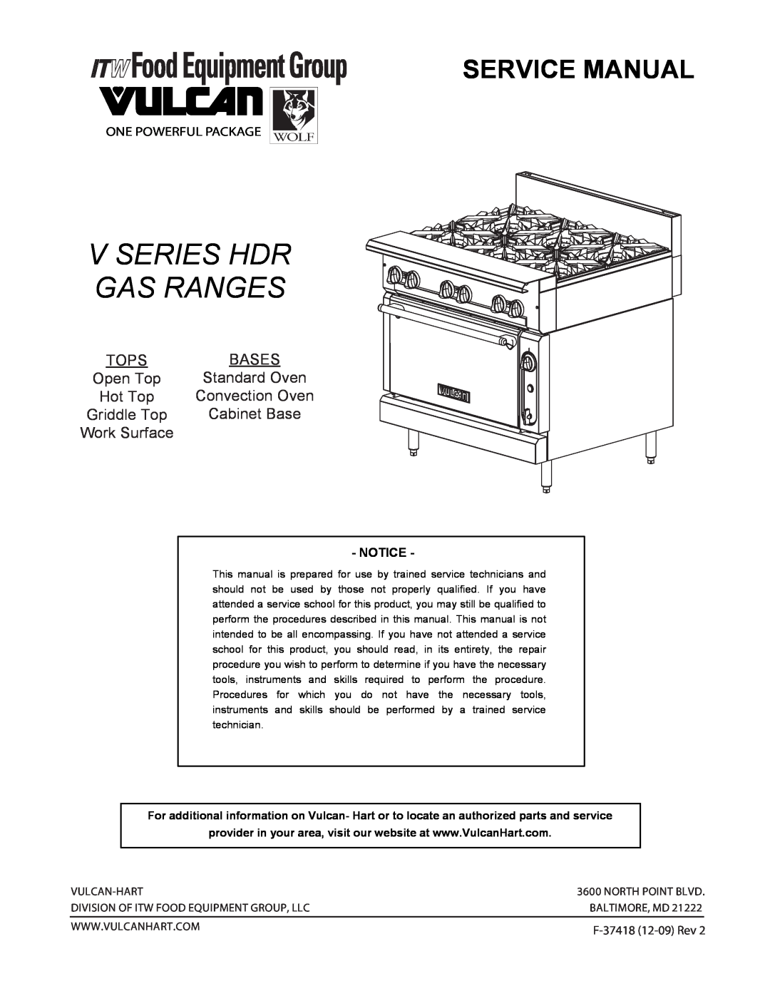 Vulcan-Hart F-37418 service manual V Series Hdr Gas Ranges, Tops, Open Top, Standard Oven, Hot Top, Convection Oven, Bases 