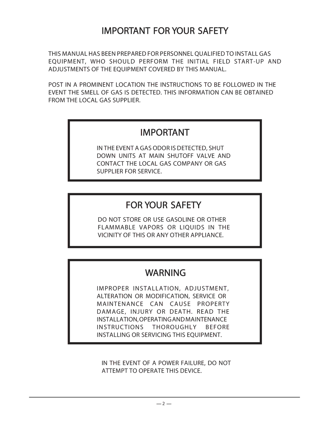 Vulcan-Hart FK36_A manual Important for Your Safety, For Your Safety 