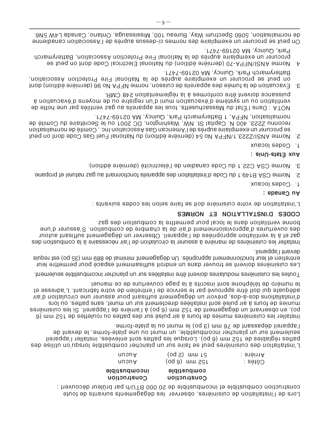 Vulcan-Hart FK36_A manual Unis-États Aux, Canada Au, Normes ET D’INSTALLATION Codes, Incombustible Combustible Construction 