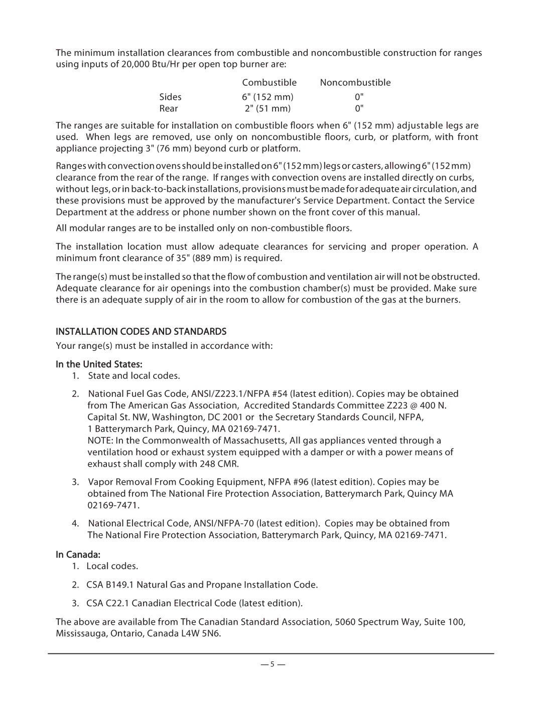 Vulcan-Hart FK36_A manual Combustible, Installation Codes and Standards, United States, Canada 