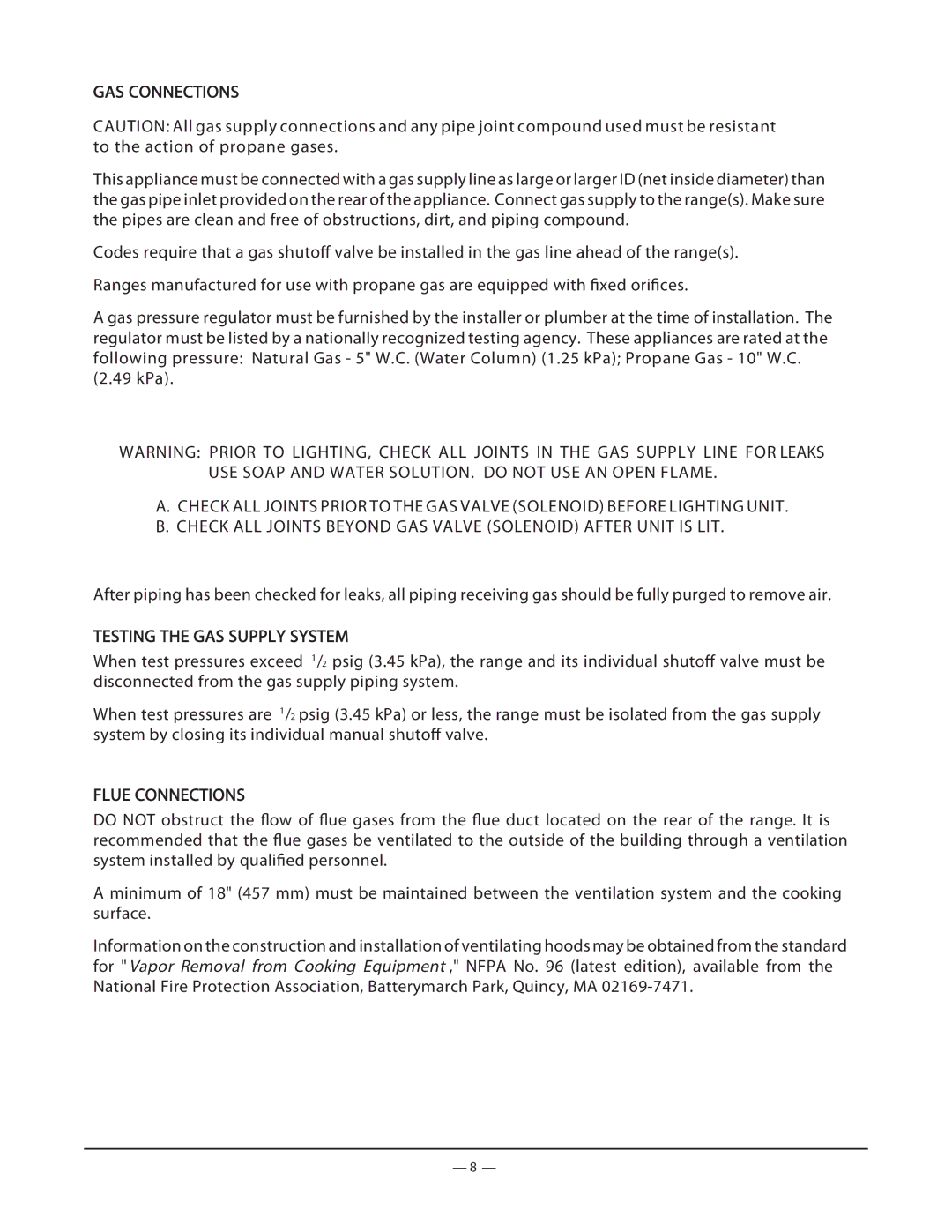 Vulcan-Hart FK36_A manual GAS Connections, Testing the GAS Supply System, Flue Connections 