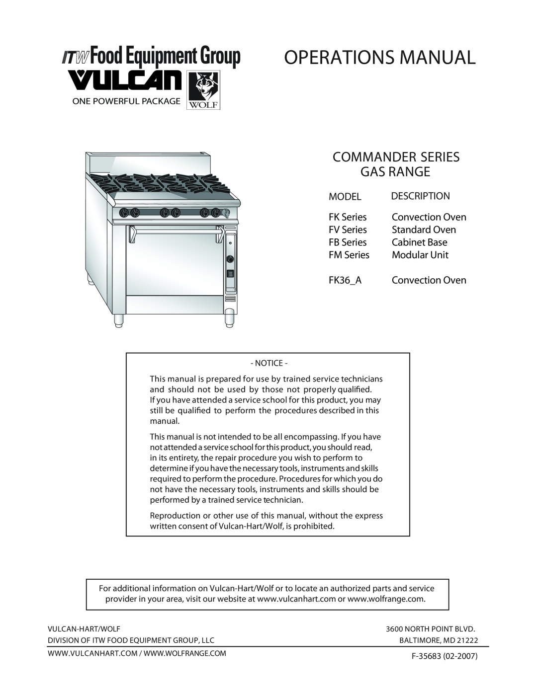 Vulcan-Hart manual Operations Manual, Commander Series Gas Range, Model, Description, FK Series, FV Series, FB Series 