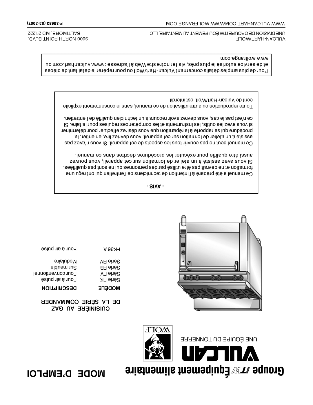 Vulcan-Hart FK36_A manual D’Emploi Mode, Commander Série La De, Gaz Au Cuisinière, Avis, Description, Modèle 