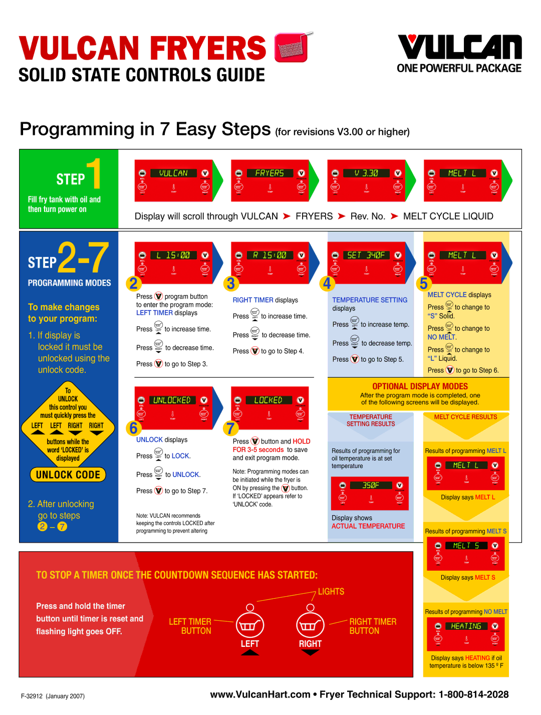 Vulcan-Hart manual Vulcan Fryers, Solid State Controls Guide, Programming in 7 Easy Steps for revisions V3.00 or higher 