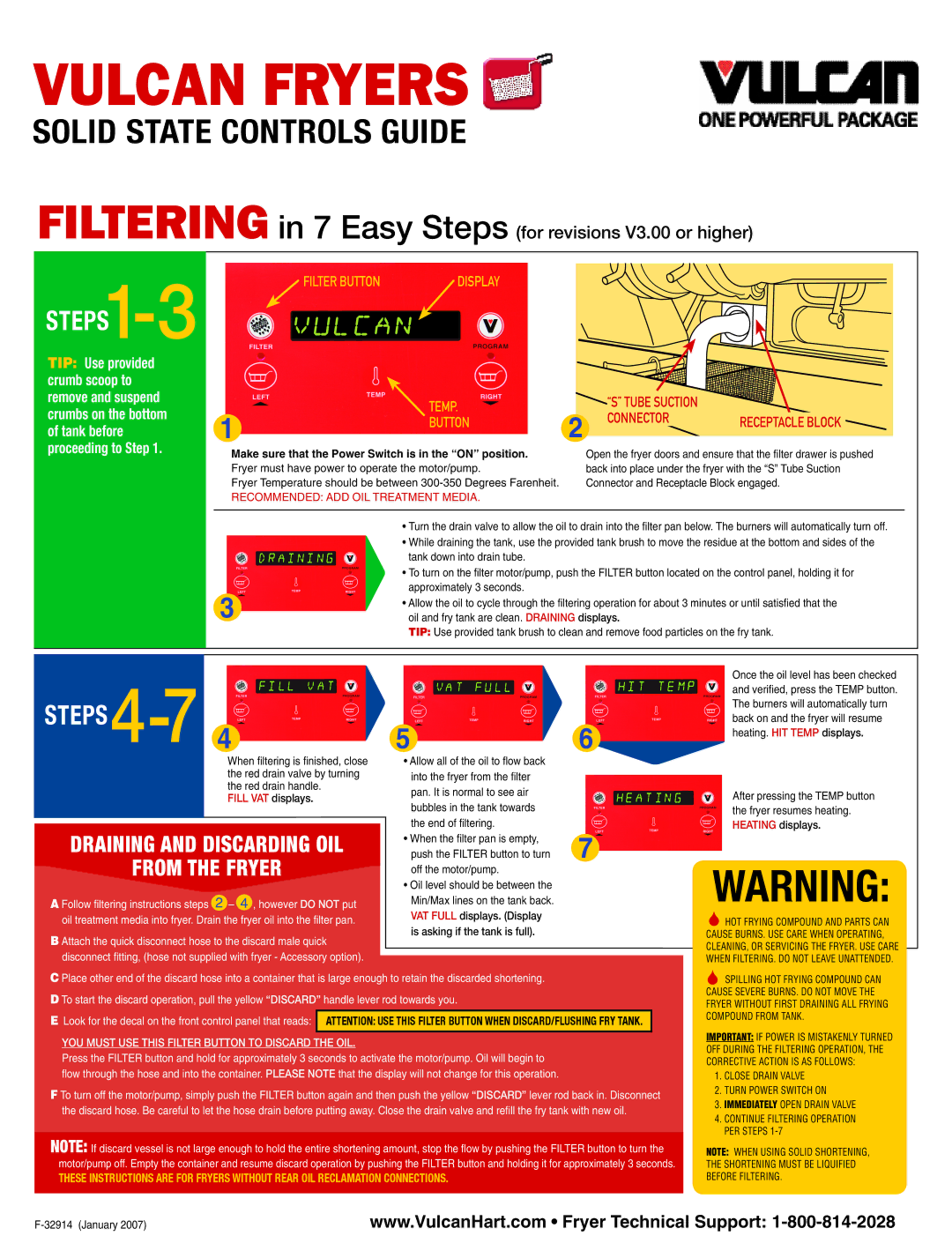 Vulcan-Hart manual Vulcan Fryers, Filtering in 7 Easy Steps for revisions V3.00 or higher, STEPS1 