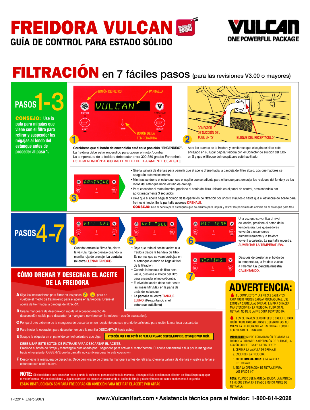 Vulcan-Hart Fryers manual Freidora vulcan, Advertencia, PASOS4-74, PASOS1, Cómo Drenar Y Desechar EL Aceite 