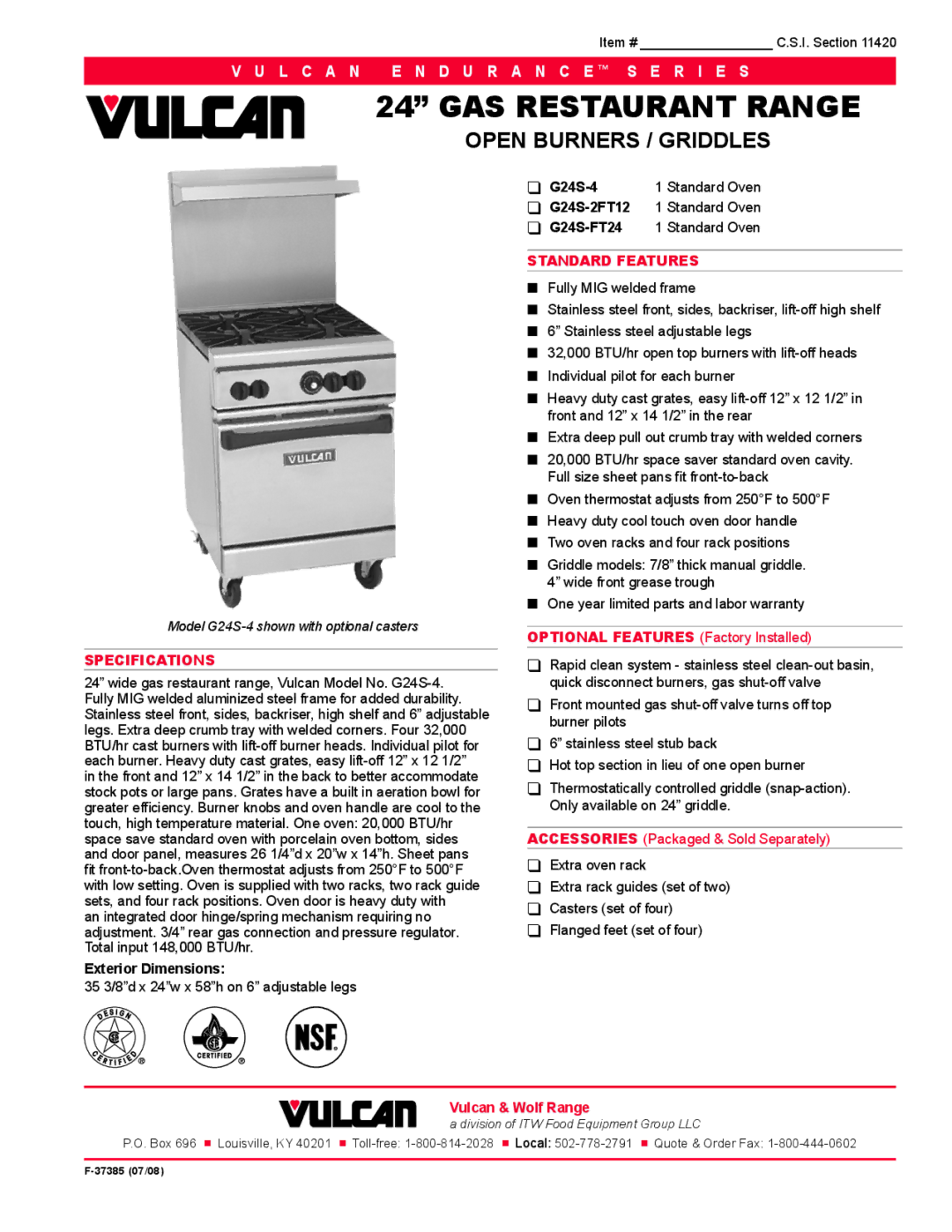 Vulcan-Hart G24S-FT24T, G24S-4T specifications Specifications, 35 3/8d x 24w x 58h on 6 adjustable legs, Standard Features 