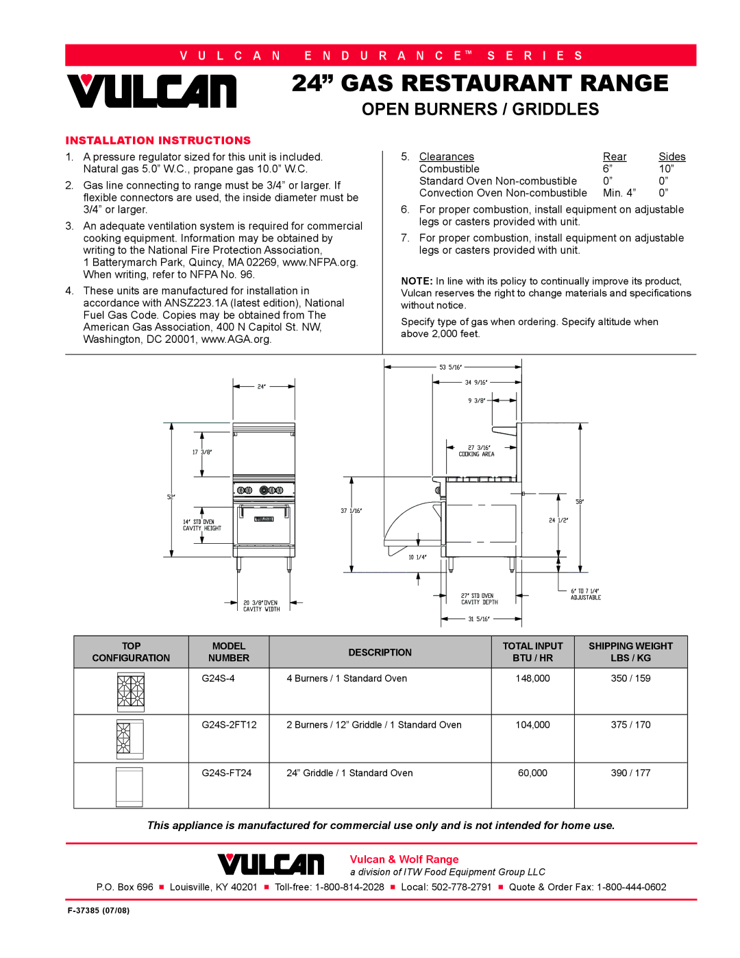 Vulcan-Hart G24S-2FT12T, G24S-4T Installation Instructions, Or larger, When writing, refer to Nfpa No, Clearances Rear 