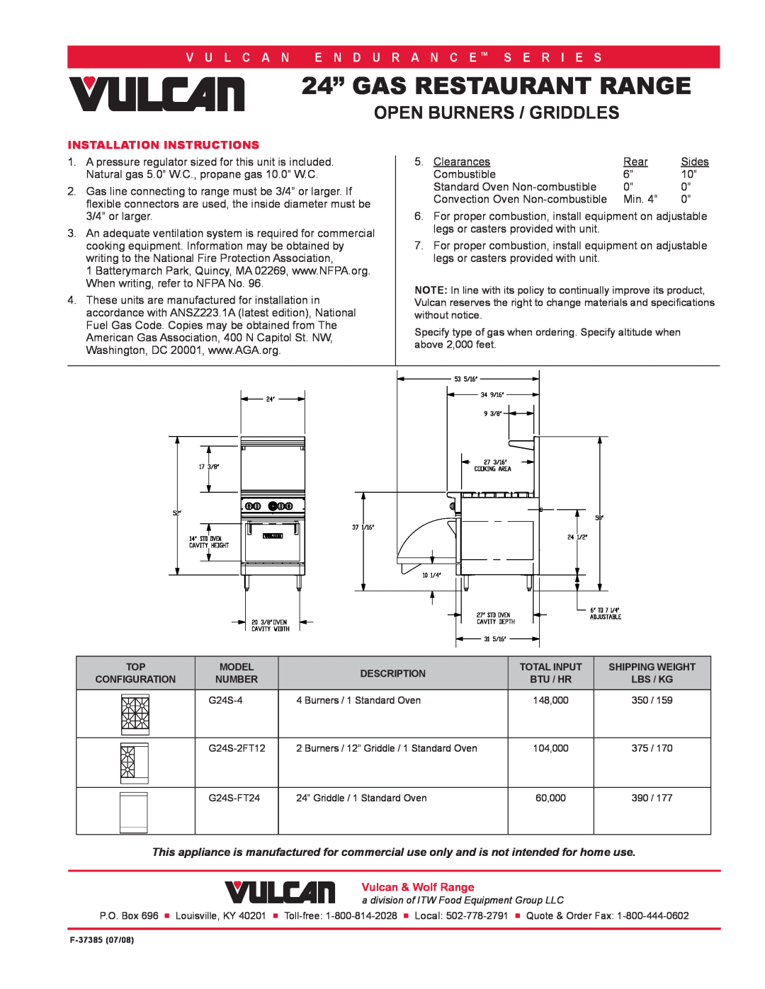 Vulcan-Hart G24S-2FT12T, G24S-4T Installation Instructions, 24” GAS RESTAURANT RANGE, Open Burners / Griddles, V U L C A N 