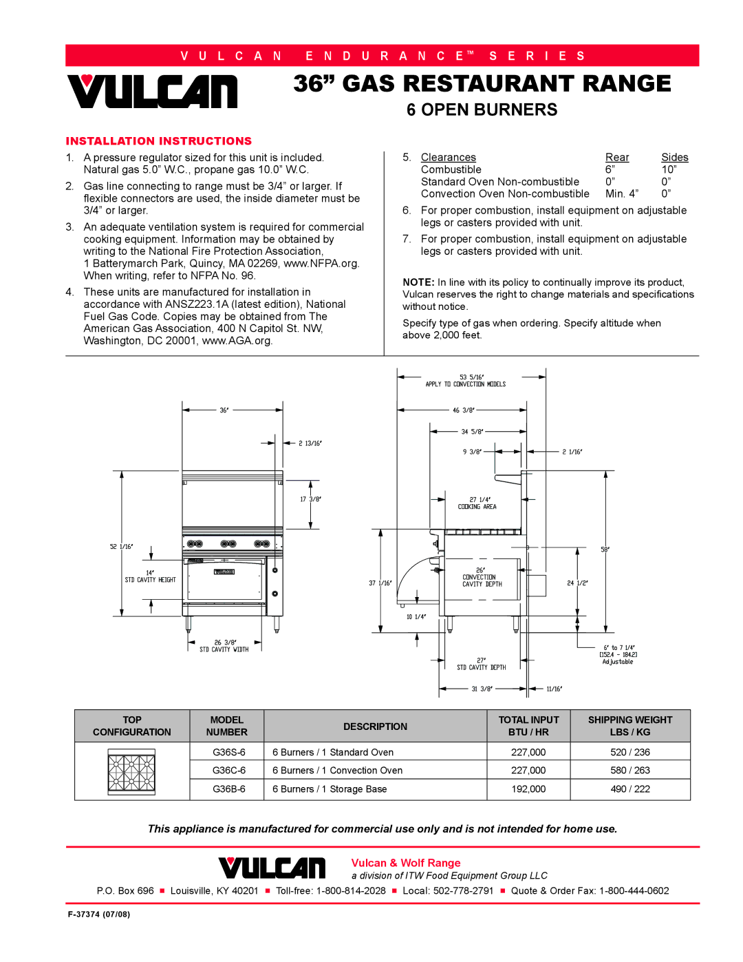 Vulcan-Hart G36B-6T, G36S-6T, G36C-6T manual Installation Instructions, Or larger 