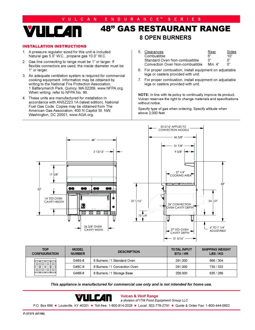 Vulcan-Hart G48C-8T, G48S-8T, G48B-8T manual Installation Instructions, Or larger 