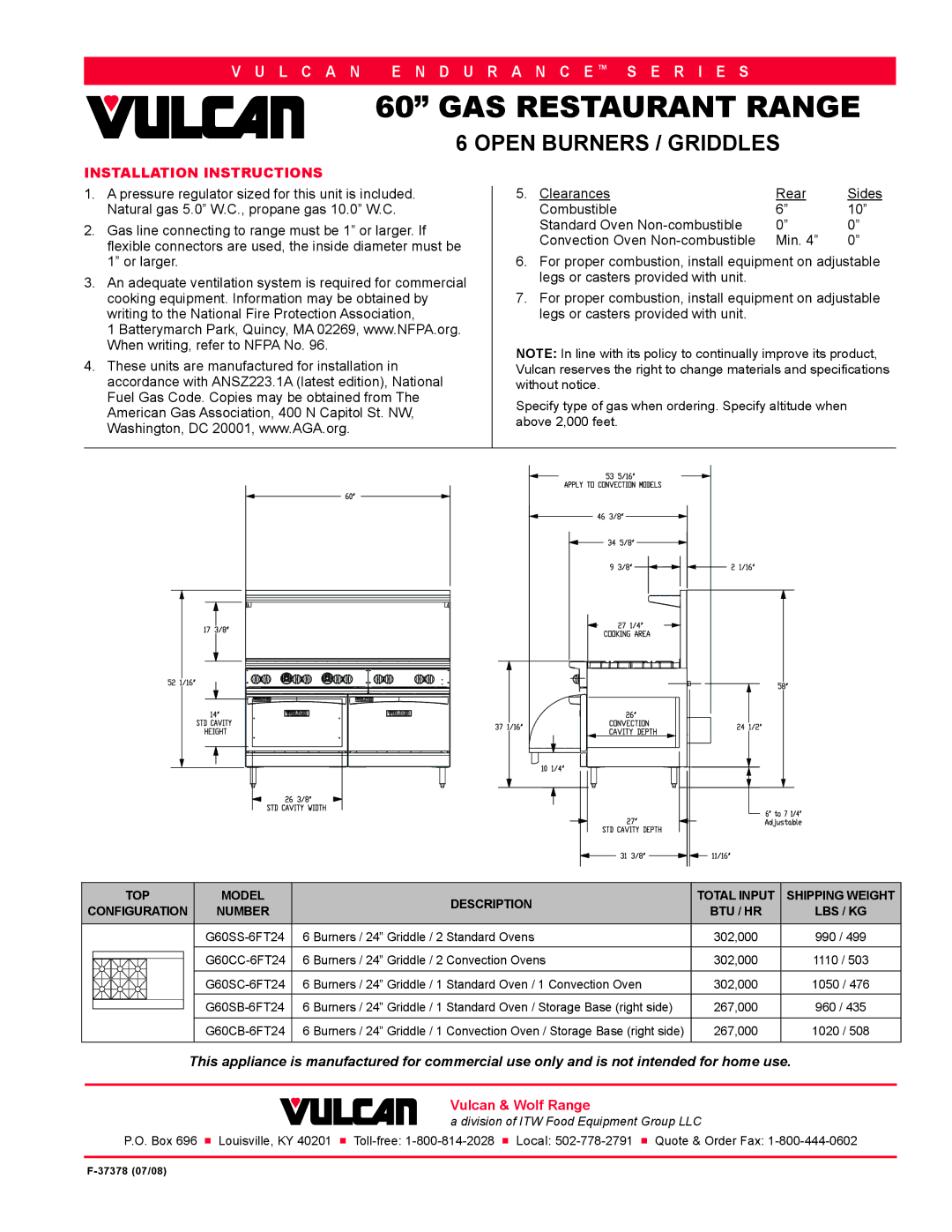 Vulcan-Hart G60SS-6FT24T, G60SC-6FT24T, G60CC-6FT24T, G60SB-6FT24T, G60CB-6FT24T Installation Instructions, Or larger 