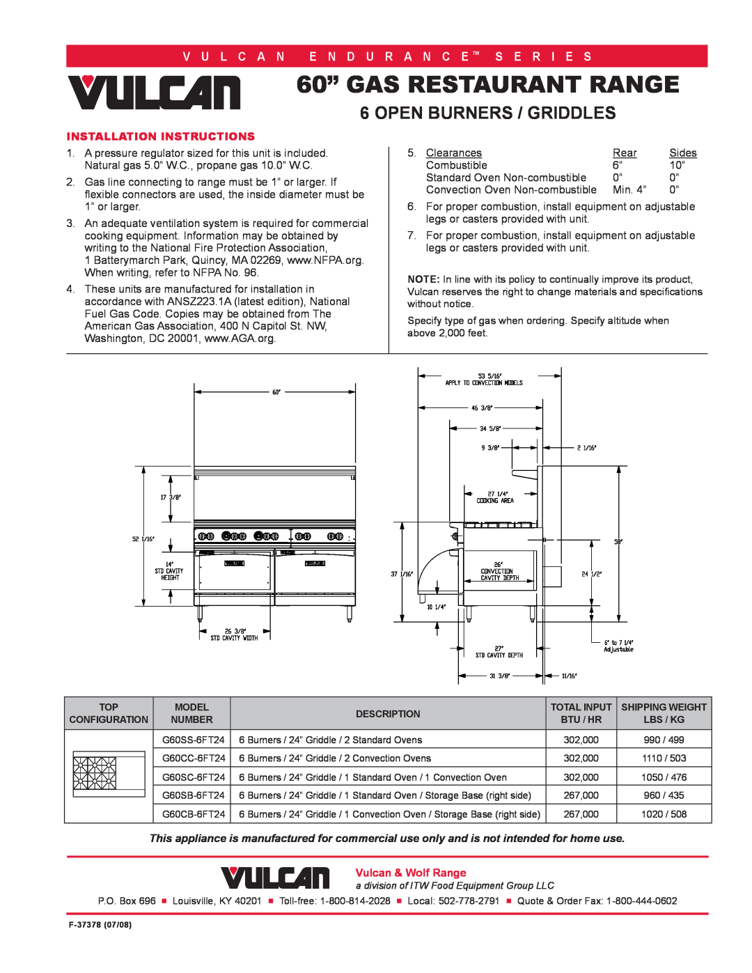 Vulcan-Hart G60SS-6FT24T Installation Instructions, 60” GAS RESTAURANT RANGE, Open Burners / Griddles, V U L C A N 