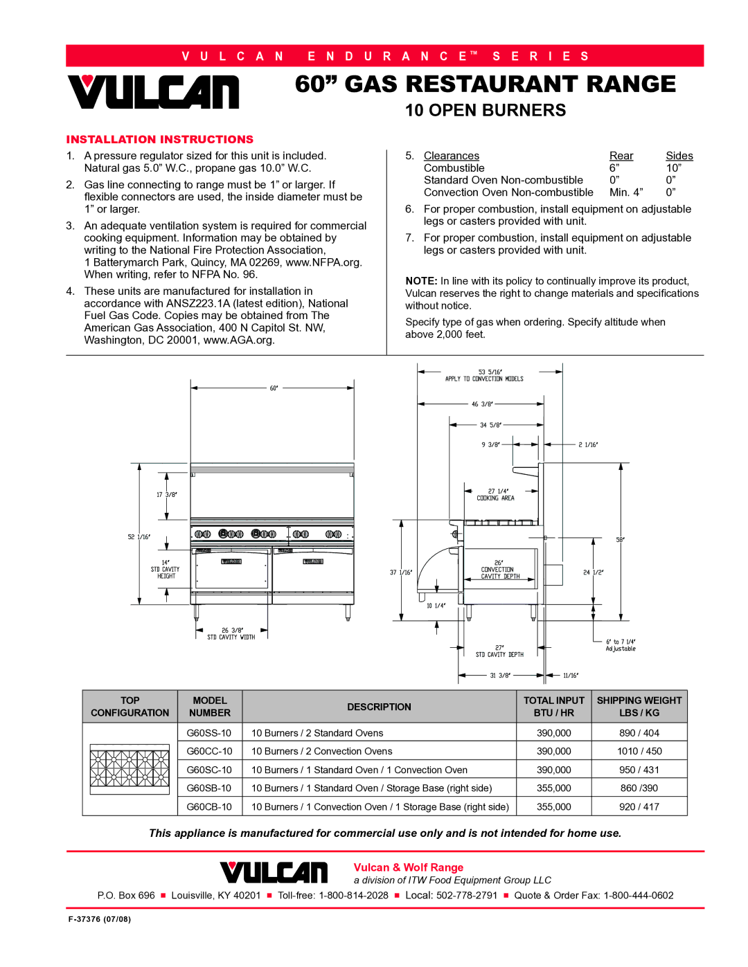 Vulcan-Hart G60SB-10T, G60SS-10T, G60SC-10T, G60CC-10T, G60CB-10T specifications Installation Instructions, Or larger 