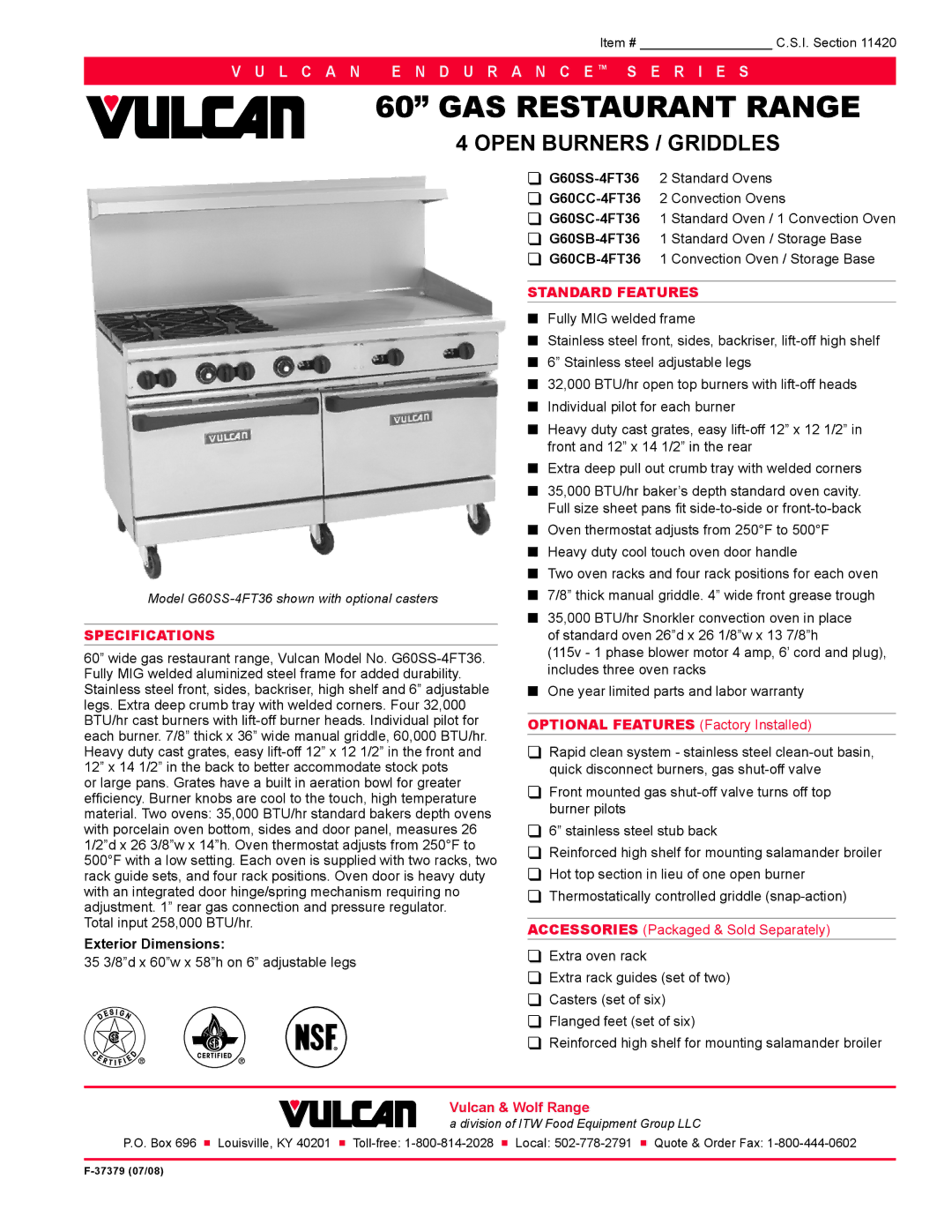 Vulcan-Hart G60SB-4FT36 specifications GAS Restaurant Range, Open Burners / Griddles, Specifications, Standard Features 