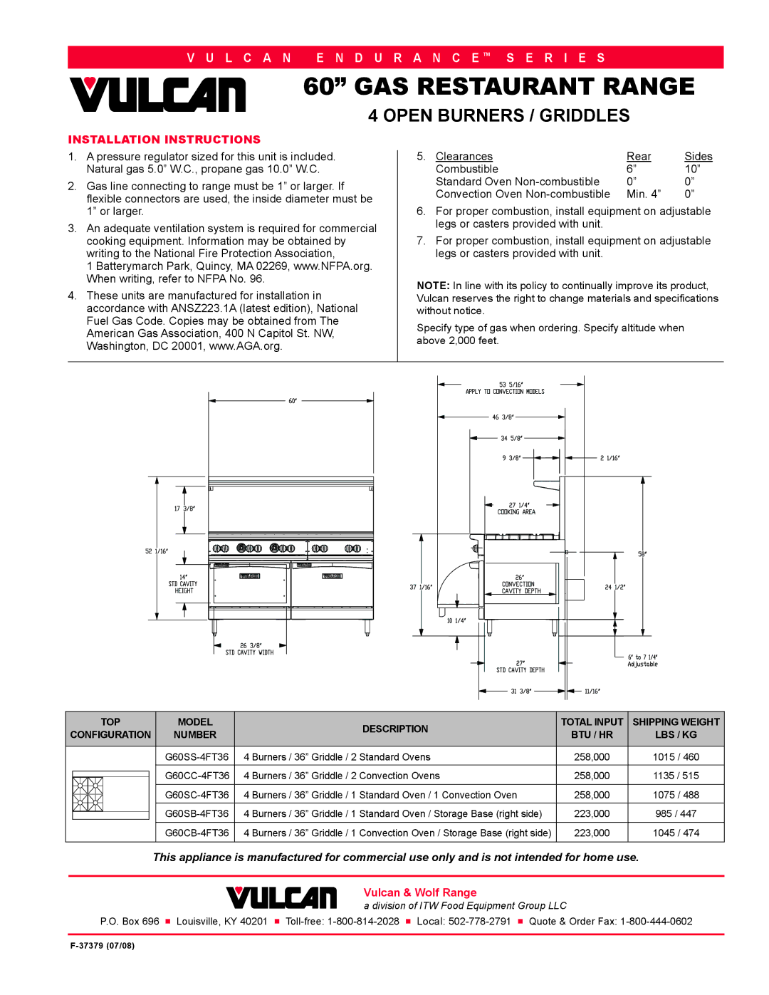 Vulcan-Hart G60SC-4FT36, G60SS-4FT36, G60SB-4FT36, G60CC-4FT36 Installation Instructions, Or larger, Clearances Rear 