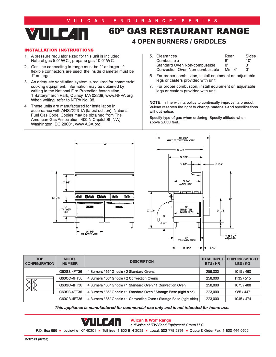 Vulcan-Hart G60SC-4FT36 Installation Instructions, 60” GAS RESTAURANT RANGE, Open Burners / Griddles, V U L C A N 