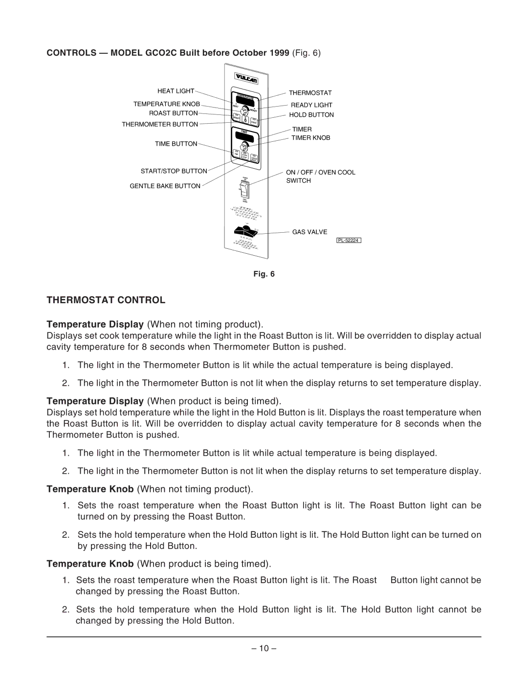 Vulcan-Hart GCO2C ML-114571, GCO2D ML-114569 Thermostat Control, Controls Model GCO2C Built before October 1999 Fig 