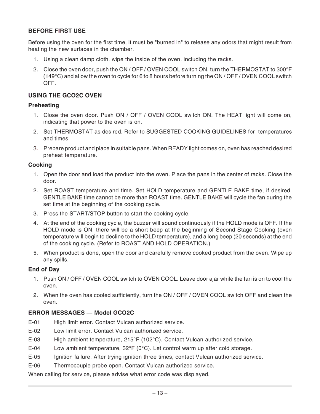 Vulcan-Hart GCO2D ML-114569, GCO2C ML-114571 operation manual Using the GCO2C Oven, Error Messages Model GCO2C 