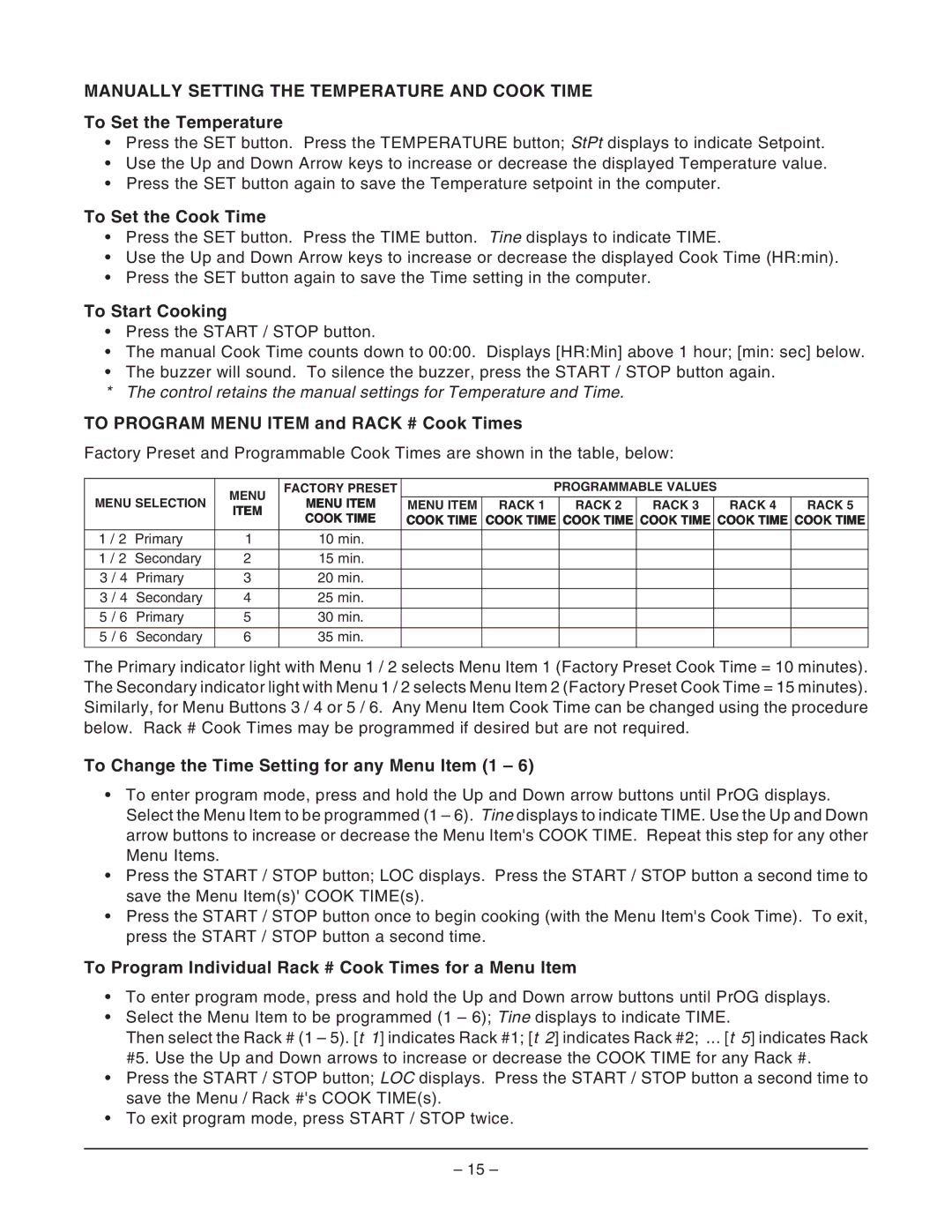 Vulcan-Hart GCO2D ML-114569, GCO2C ML-114571 operation manual Manually Setting the Temperature and Cook Time 