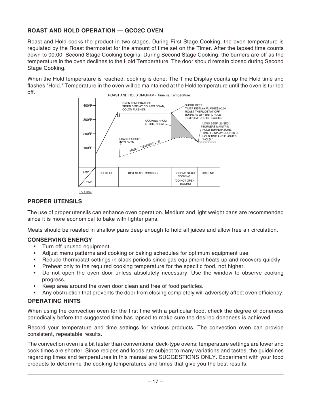 Vulcan-Hart GCO2D ML-114569 Roast and Hold Operation GCO2C Oven, Proper Utensils, Conserving Energy, Operating Hints 