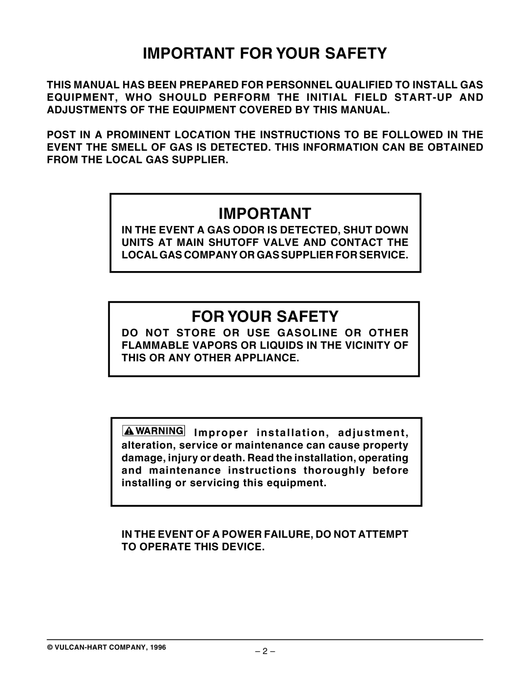 Vulcan-Hart GCO2C ML-114571, GCO2D ML-114569 operation manual Important for Your Safety, For Your Safety 