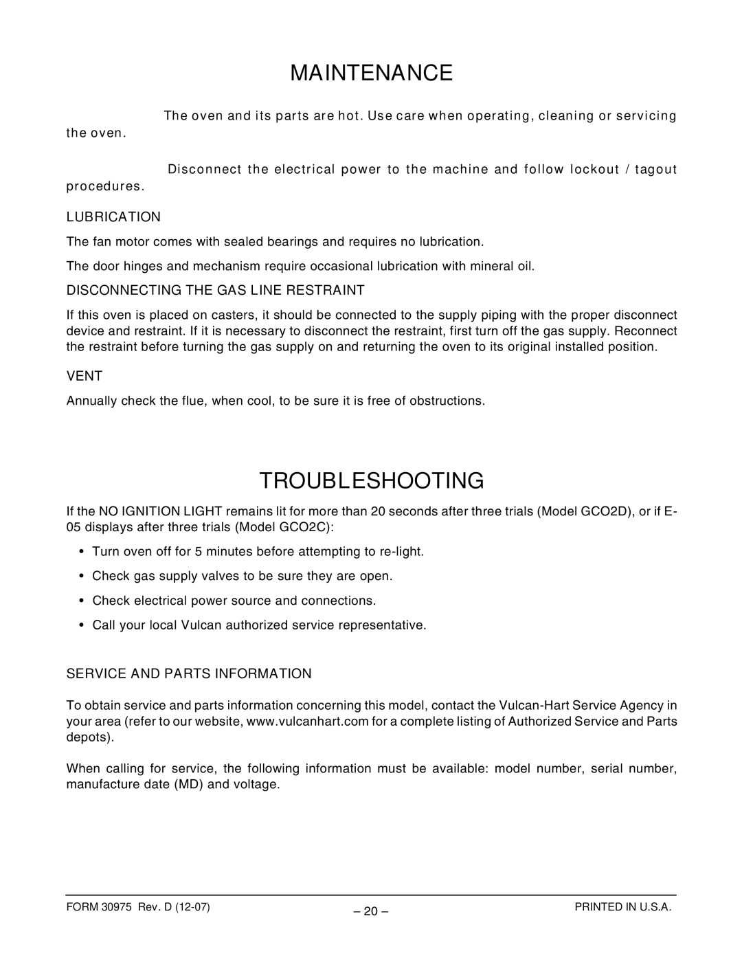 Vulcan-Hart GCO2C ML-114571, GCO2D ML-114569 operation manual Maintenance, Troubleshooting 