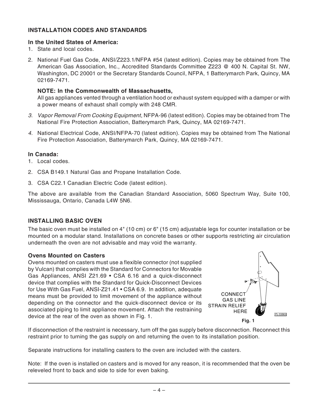 Vulcan-Hart GCO2C ML-114571 Installation Codes and Standards, United States of America, Canada, Installing Basic Oven 