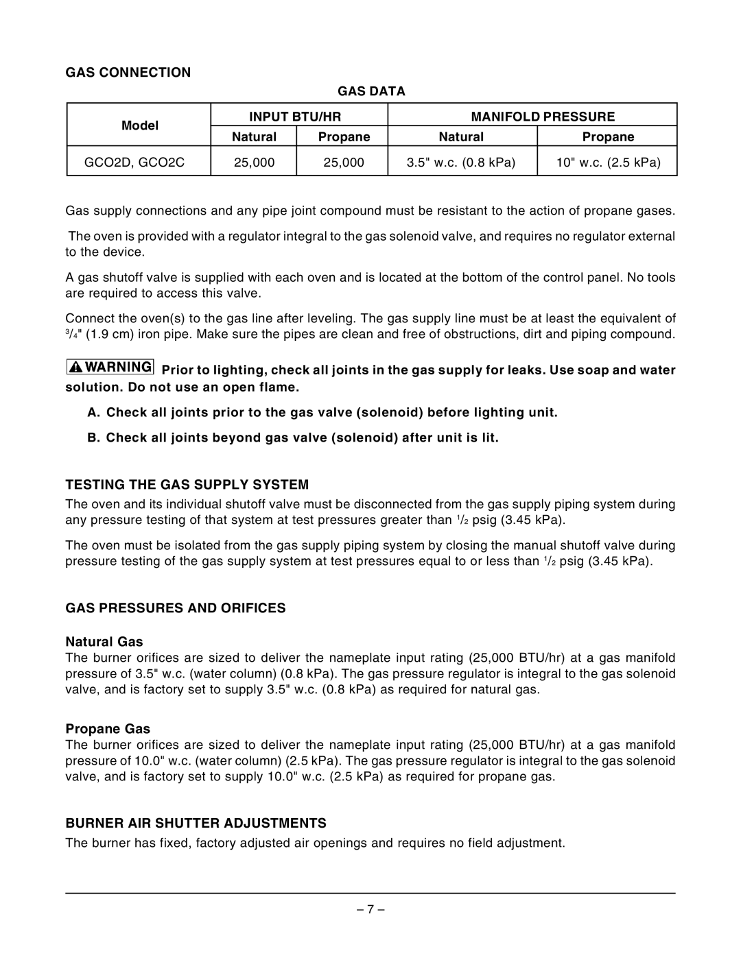 Vulcan-Hart GCO2D ML-114569, GCO2C ML-114571 GAS Connection, Testing the GAS Supply System, GAS Pressures and Orifices 