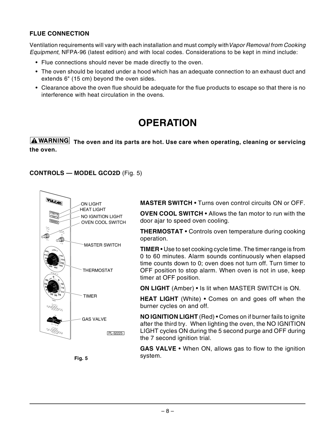 Vulcan-Hart GCO2C ML-114571, GCO2D ML-114569 operation manual Operation, Flue Connection, Controls Model GCO2D Fig 