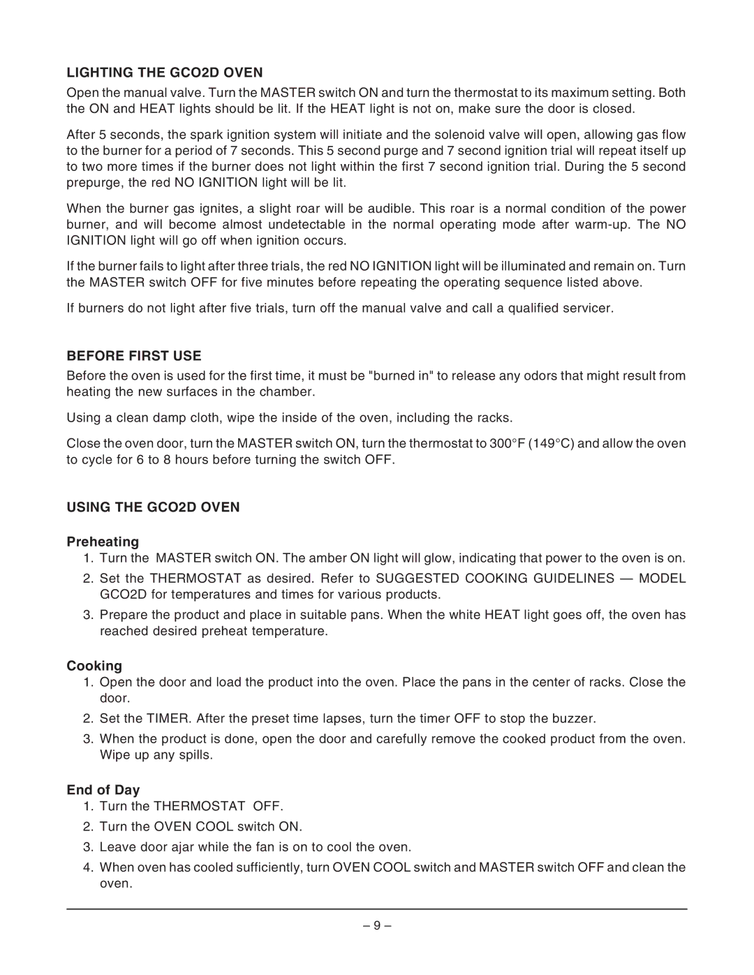 Vulcan-Hart GCO2D ML-114569, GCO2C ML-114571 Lighting the GCO2D Oven, Before First USE, Using the GCO2D Oven 