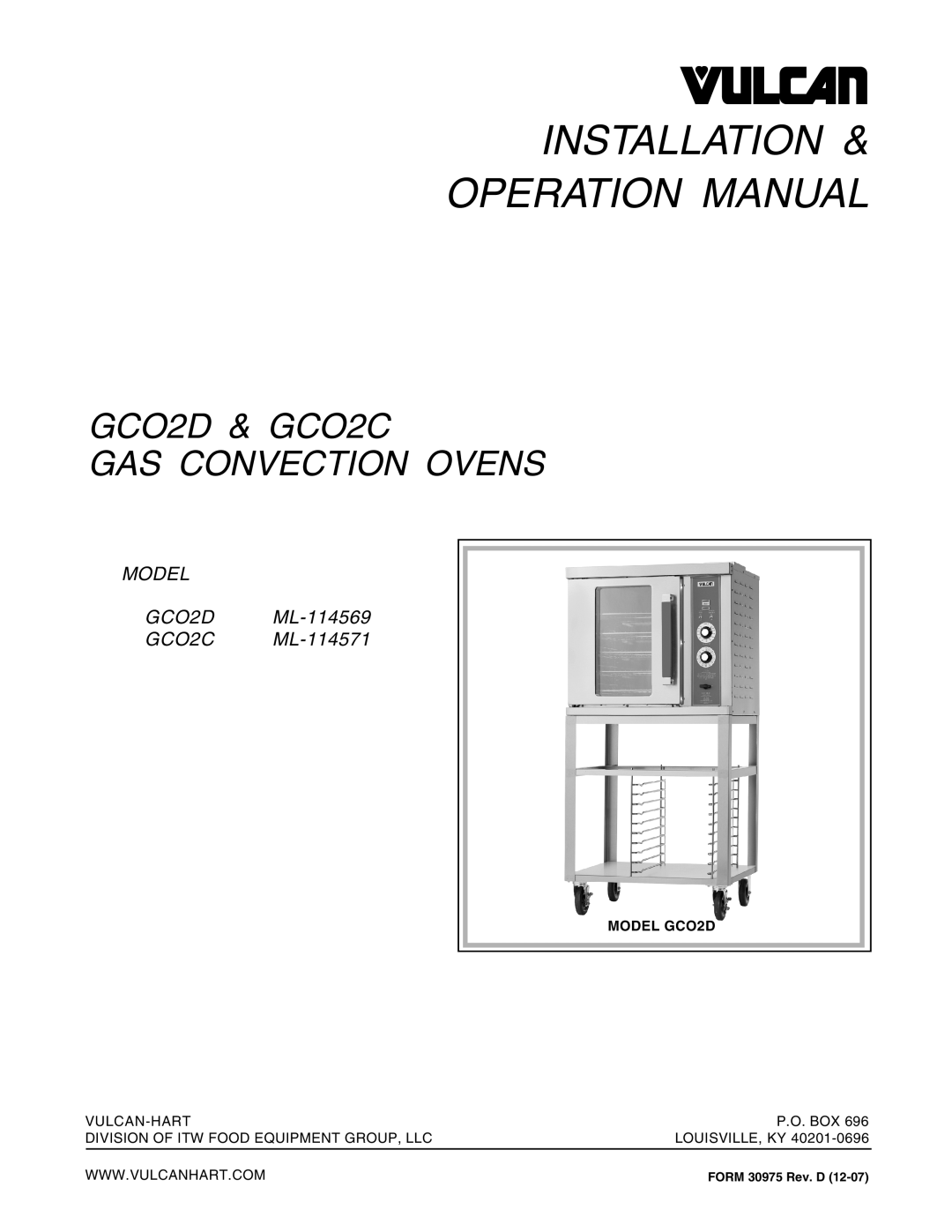 Vulcan-Hart operation manual GCO2D & GCO2C GAS CONVECTION OVENS, MODEL GCO2D ML-114569 GCO2C ML-114571 