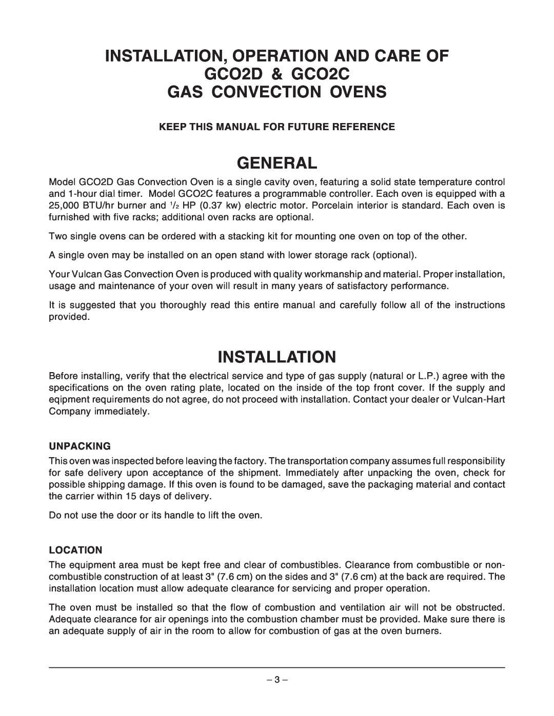 Vulcan-Hart GCO2D ML-114569 INSTALLATION, OPERATION AND CARE OF GCO2D & GCO2C, Gas Convection Ovens, General, Installation 