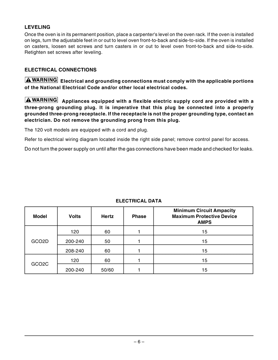 Vulcan-Hart GCO2C ML-114571, GCO2D ML-114569 operation manual Leveling, Electrical Connections 