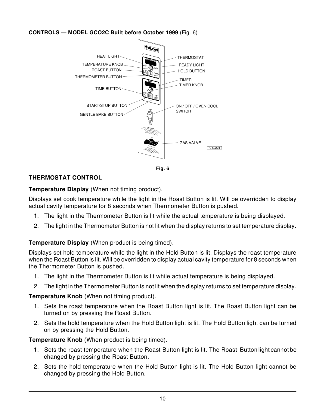 Vulcan-Hart operation manual Thermostat Control, Controls Model GCO2C Built before October 1999 Fig 