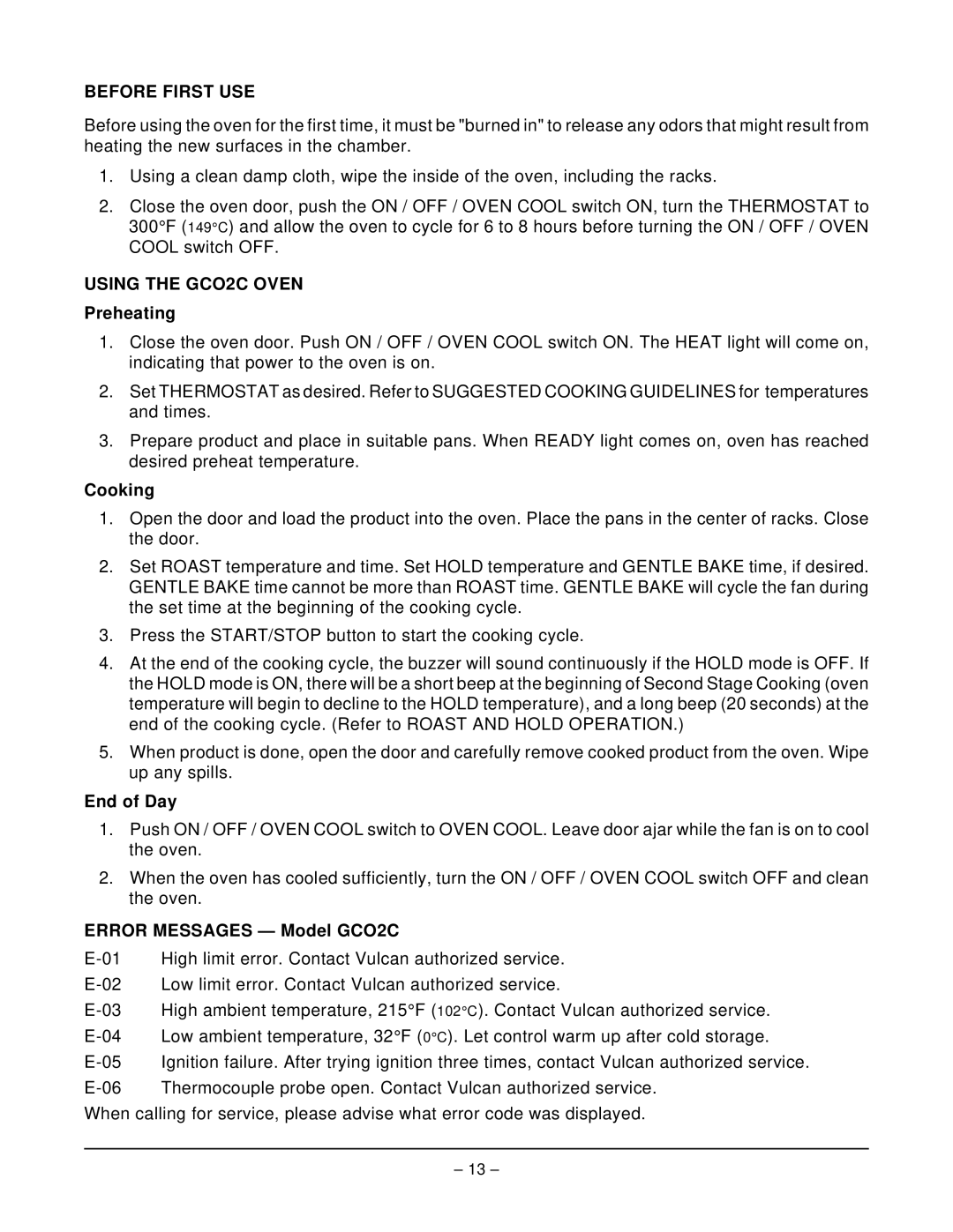 Vulcan-Hart operation manual Using the GCO2C Oven, Error Messages Model GCO2C 