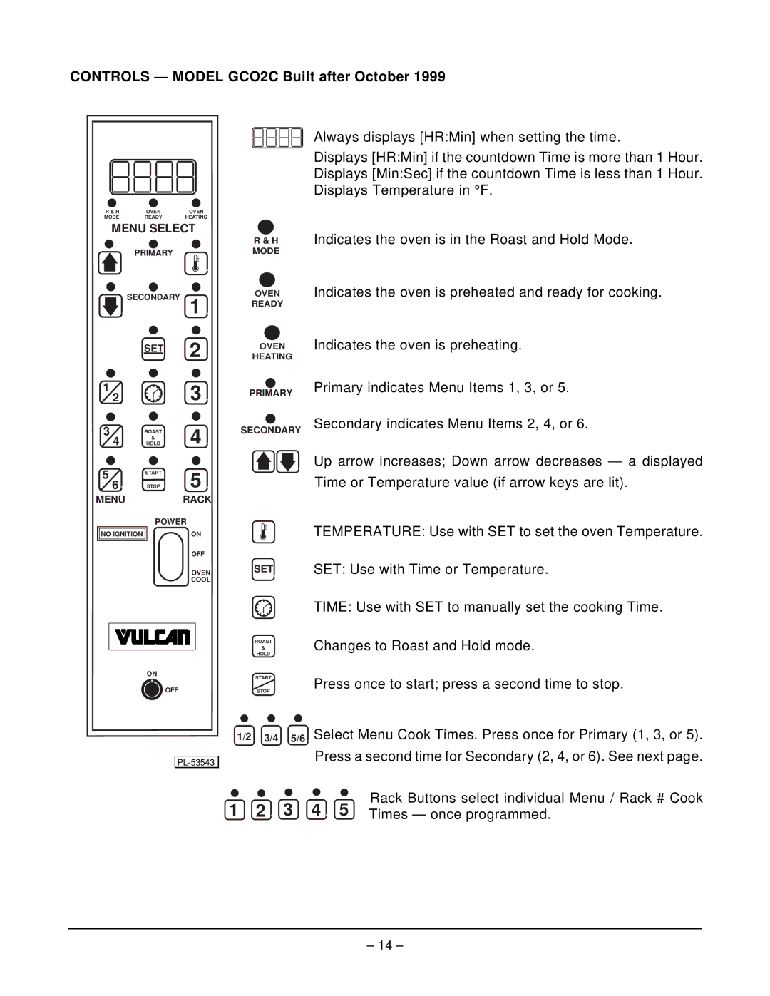 Vulcan-Hart operation manual Controls Model GCO2C Built after October, Menu Select 